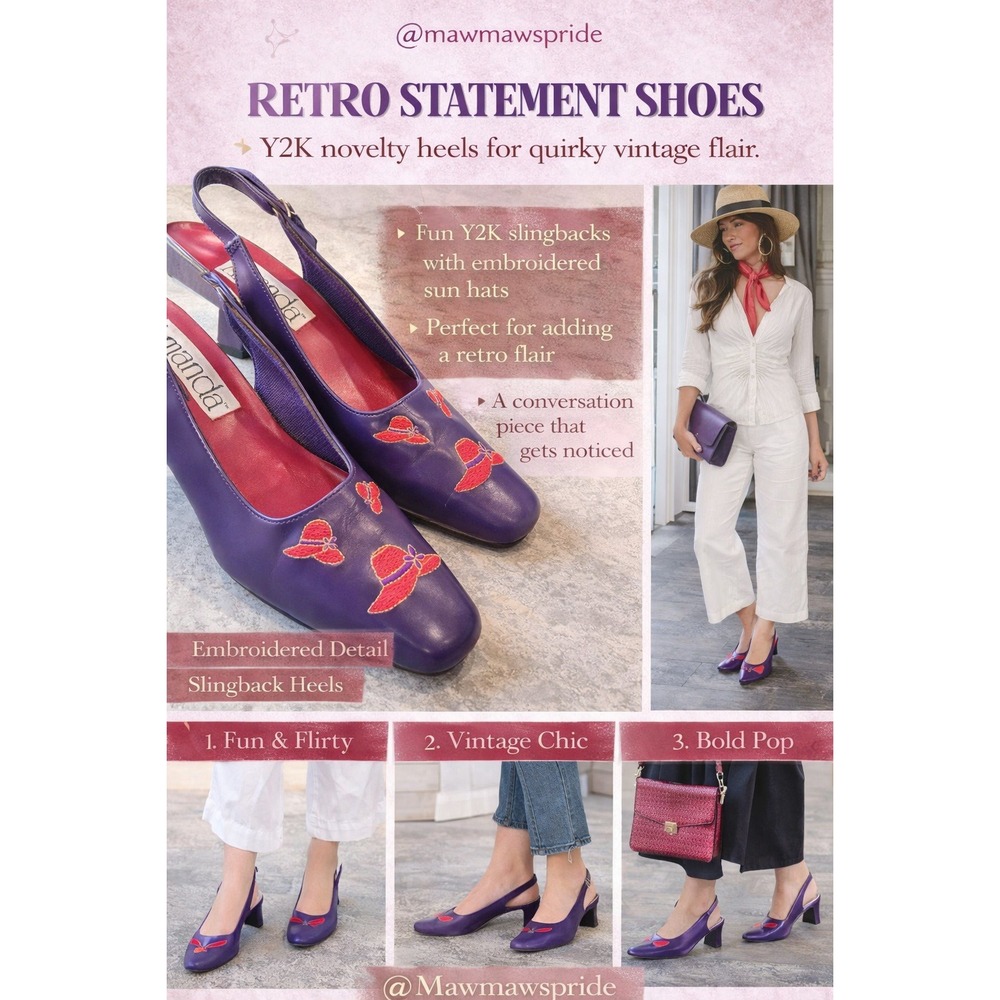 Y2K Purple Slingback Heels Embroidered Red Hat Shoes Size 6.5 Retro Statement